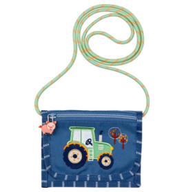 Blauer Kinder-Geldbeutel mit grünem Traktor, Baum-Motiv, gestreiften Rändern und grün-gelbem Kordelband.