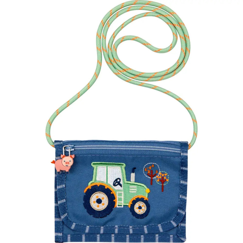 Blauer Kinder-Geldbeutel mit grünem Traktor, Baum-Motiv, gestreiften Rändern und grün-gelbem Kordelband.
