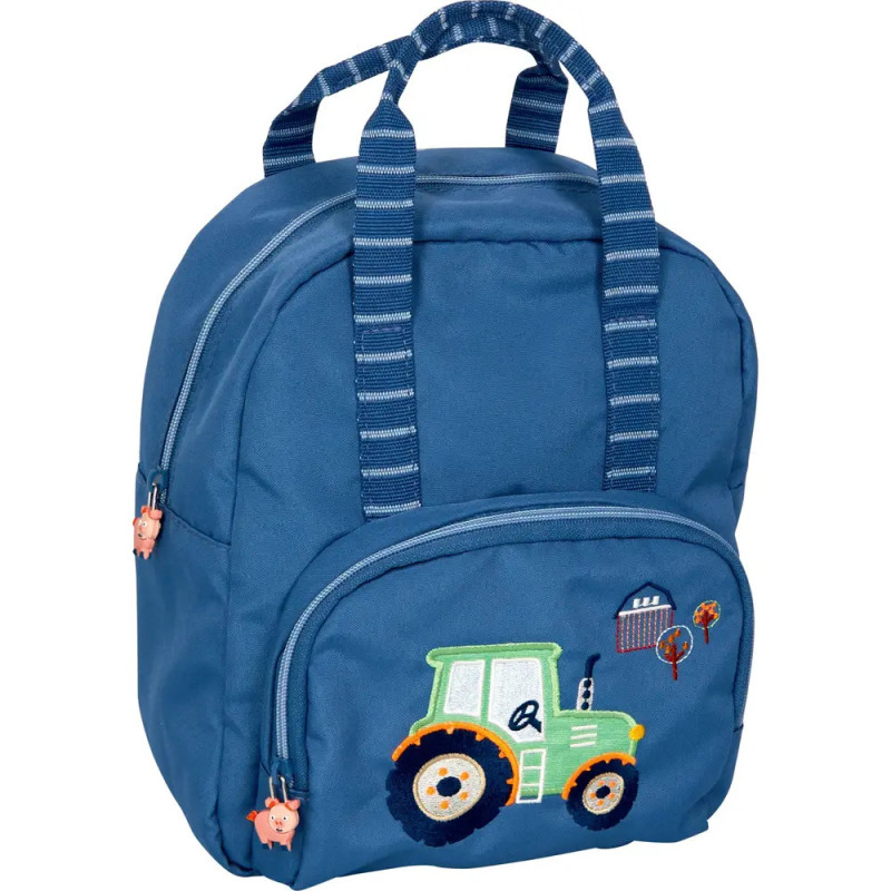 Blauer Kinder-Rucksack mit grünem Traktor und Bauernhof-Motiven auf der Fronttasche.
