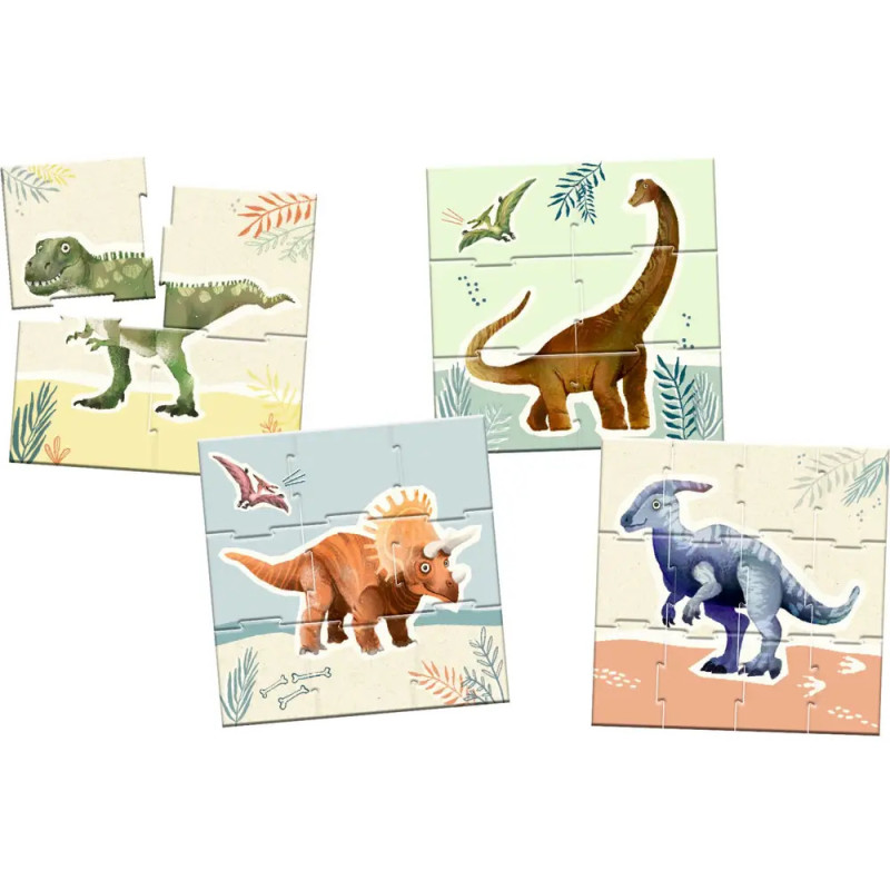 Vier bunte Dinosaurier-Puzzles mit je einem anderen Dino und dekorativen Blättern im Hintergrund. Vier bunte Dinosaurier-Puzzles mit je einem anderen Dino und dekorativen Blättern im Hintergrund.