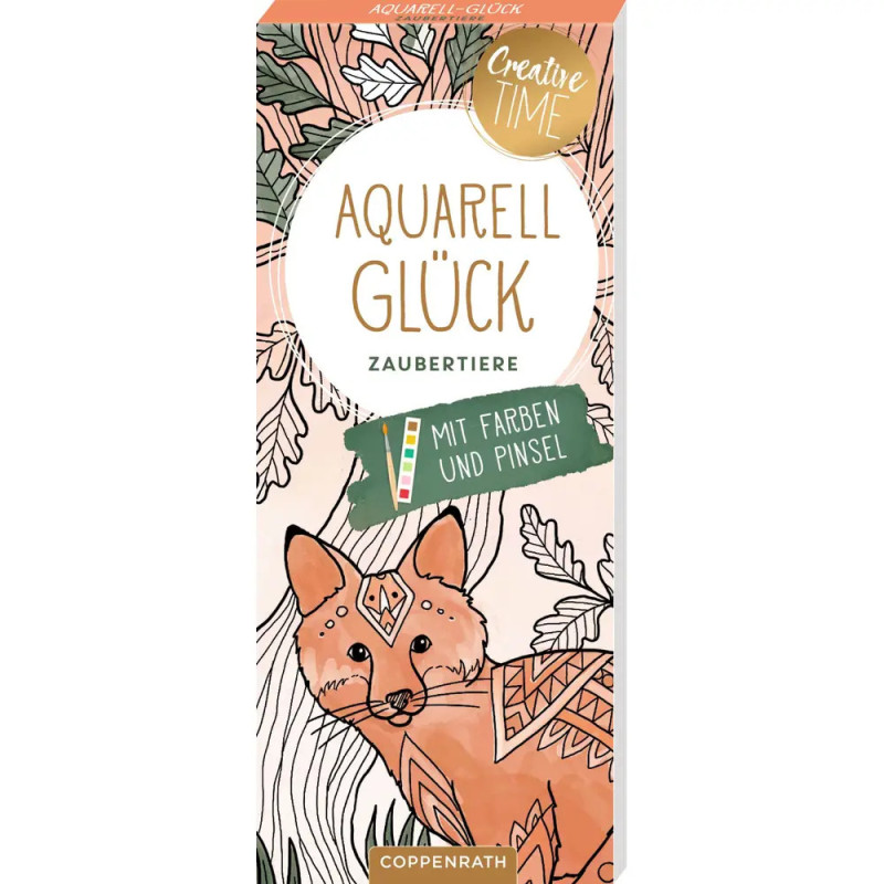 Kunstset-Verpackung mit Fuchszeichnung, Blättern und dem deutschen Schriftzug Aquarell Glück Zaubetiere.