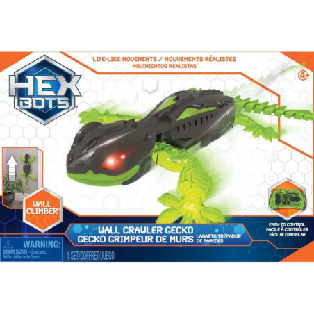 Hexbug Gecko-Spielzeug im Karton, schwarzer Körper, grüne Beine, als Wall Climber gekennzeichnet.