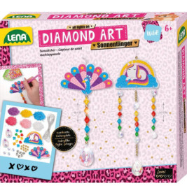 Diamond-Art-Sonnenfänger-Set mit Pfau- und Einhornmotiv für Kinder ab 6 Jahren.