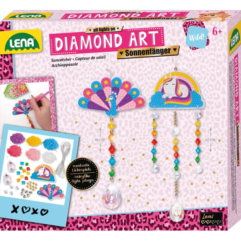Diamond-Art-Sonnenfänger-Set mit Pfau- und Einhornmotiv für Kinder ab 6 Jahren.