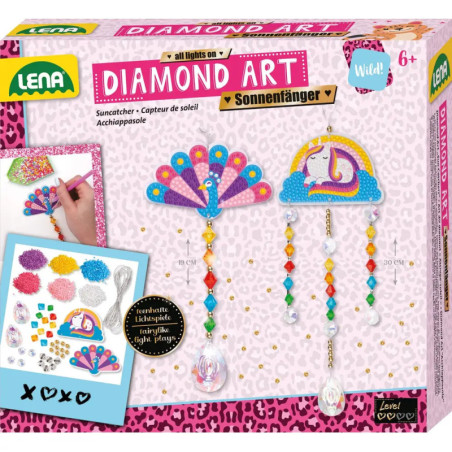 Diamond-Art-Sonnenfänger-Set mit Pfau- und Einhornmotiv für Kinder ab 6 Jahren.