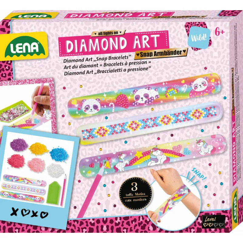 Box mit Lena Diamond Art Snap Bracelets, enthält bunte verzierte Slap-Armbänder und Bastelmaterialien.