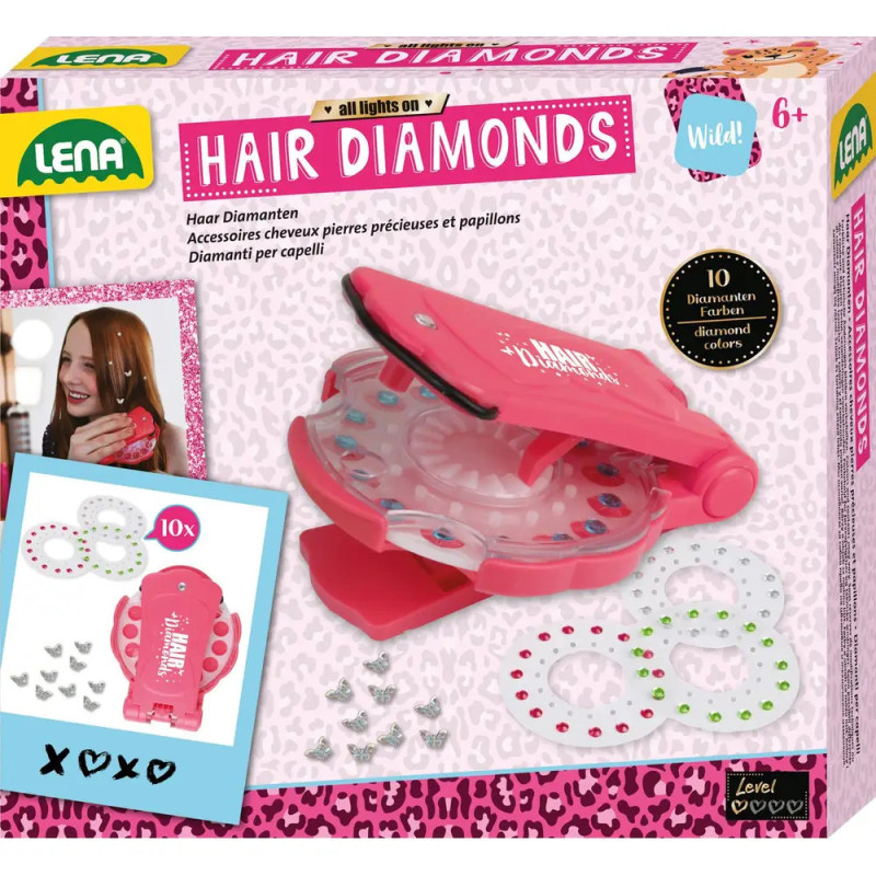 Pinkes Lena Hair Diamonds Set mit Applikator und bunten Haarsteinen, empfohlen ab 6 Jahren.