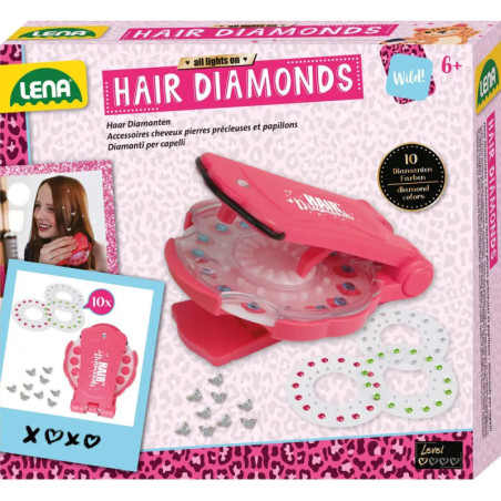 Pinkes Lena Hair Diamonds Set mit Applikator und bunten Haarsteinen, empfohlen ab 6 Jahren.