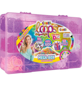 Lila Glitzer-Bastelbox mit bunten Loops und Charms für DIY-Armbänder, beschriftet mit Craze Loops Mega-Box.