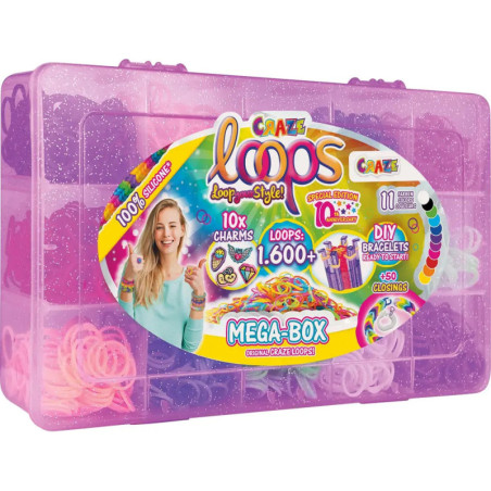 Lila Glitzer-Bastelbox mit bunten Loops und Charms für DIY-Armbänder, beschriftet mit Craze Loops Mega-Box.