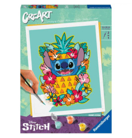 Malen-nach-Zahlen-Set mit Stitch im Ananas-Kostüm, umgeben von bunten tropischen Blumen.