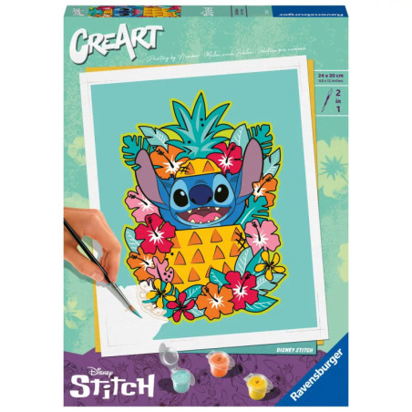 Malen-nach-Zahlen-Set mit Stitch im Ananas-Kostüm, umgeben von bunten tropischen Blumen.