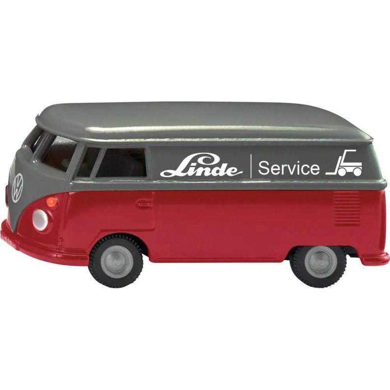 Roter und grauer Spielzeugtransporter mit Linde-Service und Gabelstapler-Logo an der Seite. Roter und grauer Spielzeugtransporter mit Linde-Service und Gabelstapler-Logo an der Seite.
