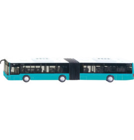 Türkis-weißer Gelenkbus mit zwei durch ein flexibles Faltgelenk verbundenen Wagenabschnitten.