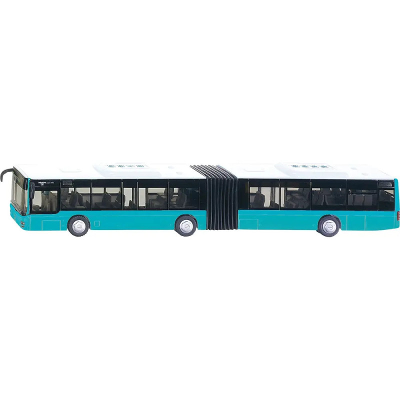 Türkis-weißer Gelenkbus mit zwei durch ein flexibles Faltgelenk verbundenen Wagenabschnitten. Türkis-weißer Gelenkbus mit zwei durch ein flexibles Faltgelenk verbundenen Wagenabschnitten.