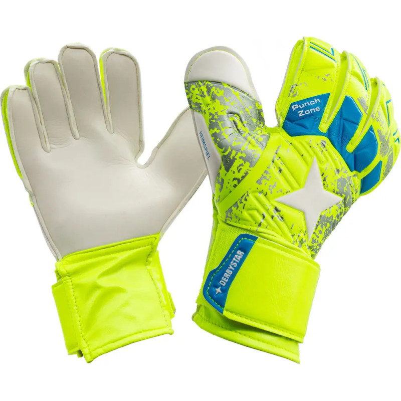 Neongelbe und weiße Torwarthandschuhe mit blauen Akzenten, Handfläche und Rückhand sichtbar. Neongelbe und weiße Torwarthandschuhe mit blauen Akzenten, Handfläche und Rückhand sichtbar.
