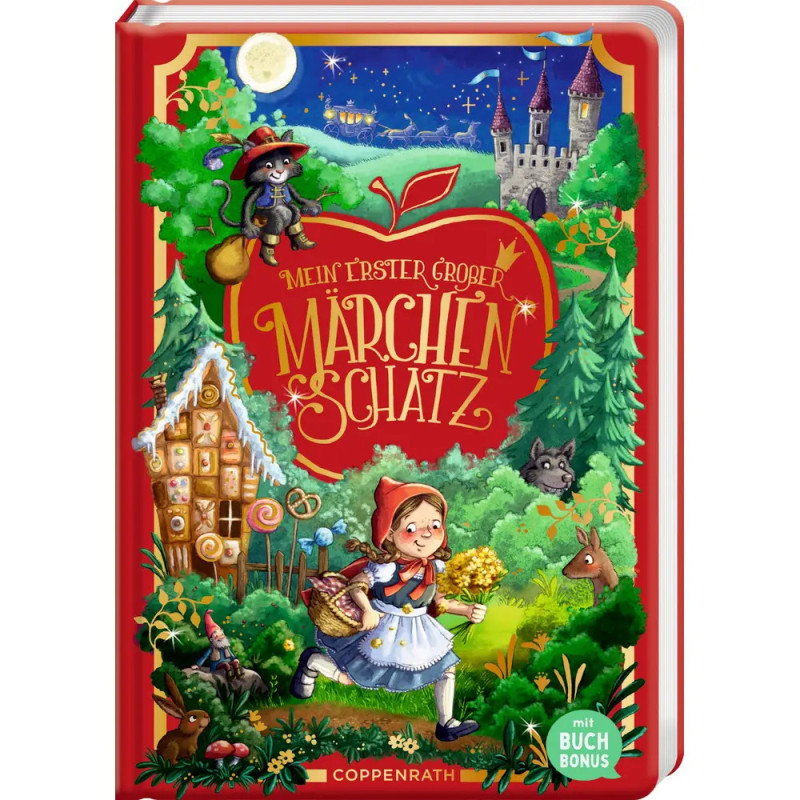 Buntes deutsches Märchenbuch-Cover mit Rotkäppchen, Lebkuchenhaus, Katze, Schloss und Wald.