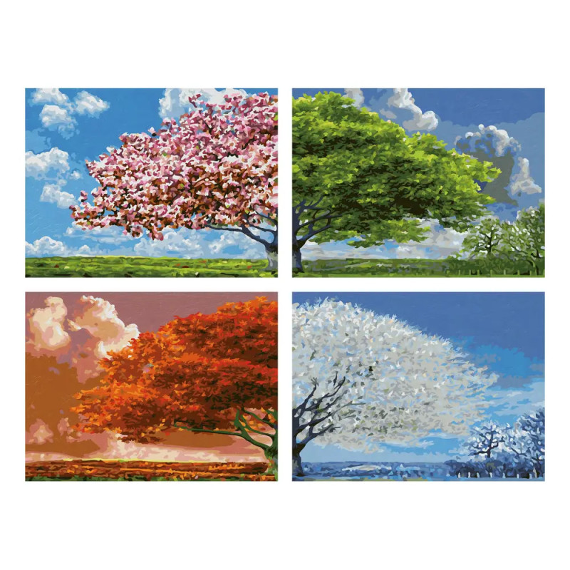 Vier Gemälde zeigen einen Baum im Frühling, Sommer, Herbst und Winter jeweils vor blauem Himmel. Vier Gemälde zeigen einen Baum im Frühling, Sommer, Herbst und Winter jeweils vor blauem Himmel.
