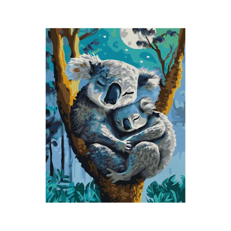 Zwei Koalas kuscheln und schlafen auf einem Ast unter mondhellem Himmel mit blau-grünem Laub.