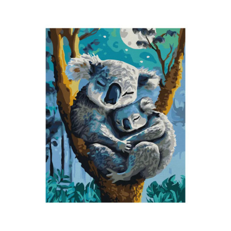 Zwei Koalas kuscheln und schlafen auf einem Ast unter mondhellem Himmel mit blau-grünem Laub.