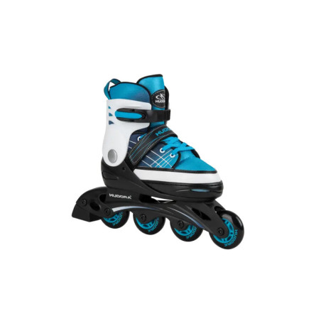 Blau-schwarzer Inline-Skate mit vier Rollen und weißen Akzenten auf weißem Hintergrund.