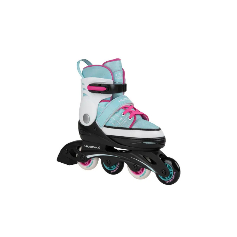 Ein blauer und pinker Inlineskate mit vier Rollen auf weißem Hintergrund.