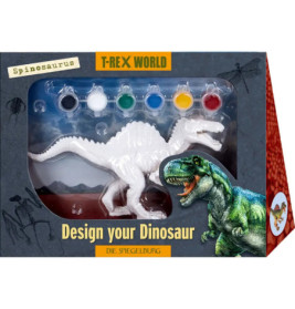 Dino-Malkasten mit weißer Spinosaurus-Figur, sechs Farbtöpfen und T-Rex World Box.