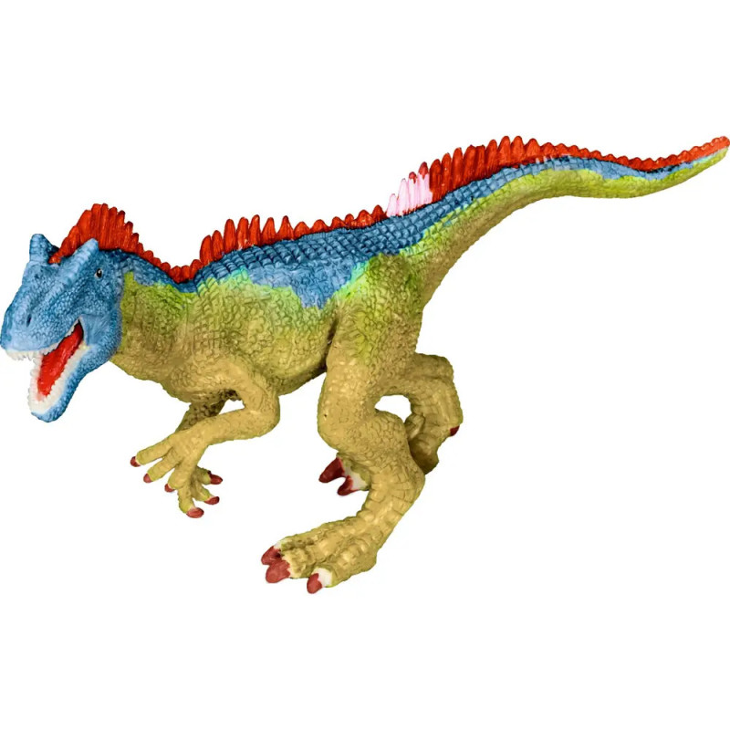 Buntes Dinosaurier-Spielzeug mit grünem Körper, blauem Rücken und roten Stacheln, Maul zum Brüllen geöffnet. Buntes Dinosaurier-Spielzeug mit grünem Körper, blauem Rücken und roten Stacheln, Maul zum Brüllen geöffnet.