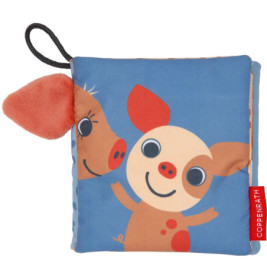 Weiches Babybuch mit Schweinchen- und Kuhmotiv auf blauem Umschlag sowie seitlichem Plüschohr.