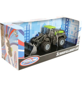 Grüner und schwarzer Spielzeug-Schaufellader in Box mit Schaufellader- und Speedzone-Aufdruck.