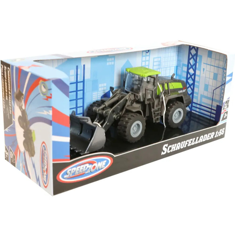 Grüner und schwarzer Spielzeug-Schaufellader in Box mit Schaufellader- und Speedzone-Aufdruck.