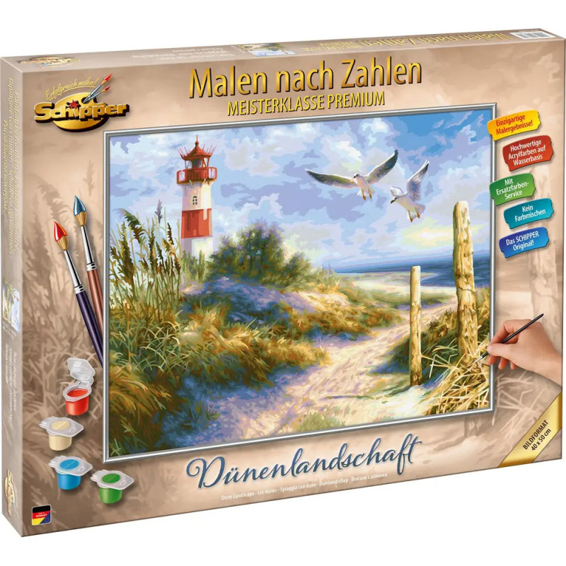 Malen-nach-Zahlen-Set mit Küstenmotiv: Leuchtturm, Gräser und fliegende Möwen.
