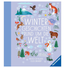 Buchcover mit Wintertieren, Bäumen, Schneemann und dem Titel Wintergeschichten rund um die Welt.