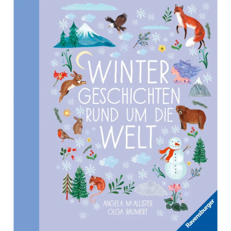 Buchcover mit Wintertieren, Bäumen, Schneemann und dem Titel Wintergeschichten rund um die Welt.