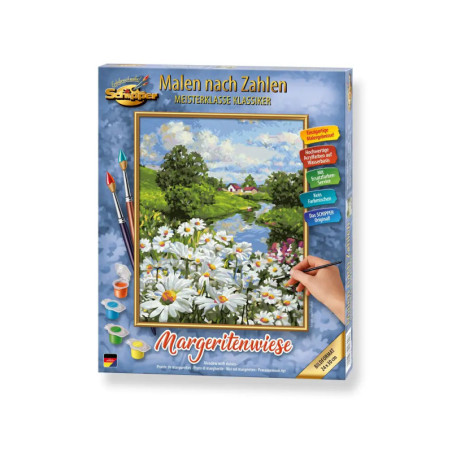 Malset-Box mit abgebildetem Gänseblümchenfeld, Pinseln und Farben auf dem Deckel.