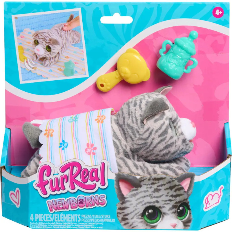 Plüschiges, grau-getigertes Kätzchen-Set mit Decke, Fläschchen und Becher in furReal Newborns Verpackung.