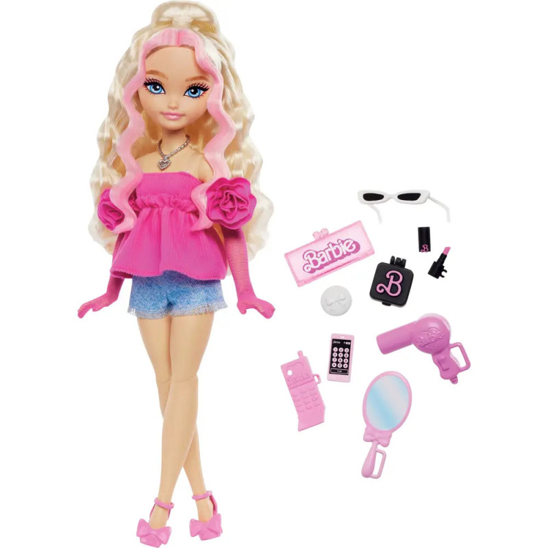 Blonde Puppe mit pinkem Top und Shorts, dazu Handy, Spiegel, Föhn, Sonnenbrille und Make-up-Zubehör.