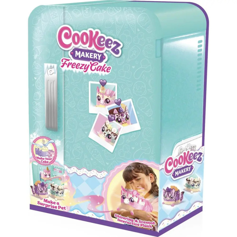 Hellblaue Cookeez Makery Freezy Cake Spielzeugbox mit lächelndem Mädchen und Plüschtieren auf der Vorderseite.