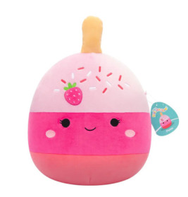 Plüschspielzeug in Form einer rosa Eise mit lächelndem Gesicht, Erdbeere, Streuseln und Stiel obenauf.