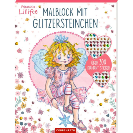 Illustriertes Buchcover mit einer Prinzessin, Feenflügeln, dem Text Malblock mit Glitzersteinchen und Herzstickern.