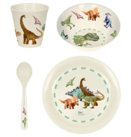 Kindergeschirr-Set mit Becher, Schale, Teller und Löffel, verziert mit bunten Dinosaurier-Cartoons.