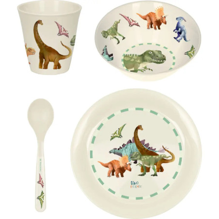 Kindergeschirr-Set mit Becher, Schale, Teller und Löffel, verziert mit bunten Dinosaurier-Cartoons.