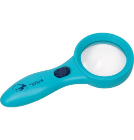 Blaue Lupe aus Kunststoff mit schwarzem Knopf am Griff.