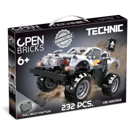 Box mit 232-teiligem Spielzeugauto-Bausatz ab 6 Jahren, inklusive Rückziehmotor.