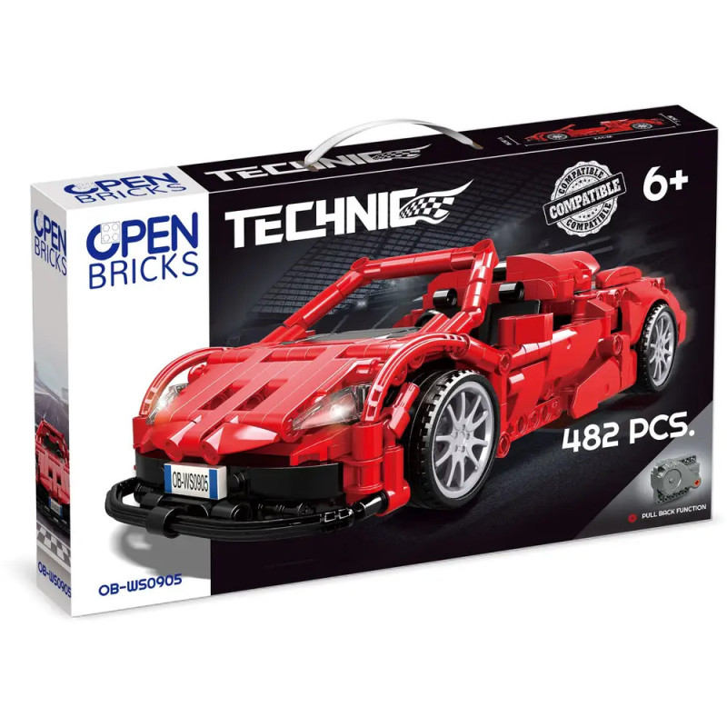 Baustein-Set Roter Sportwagen von Open Bricks Technic, 482 Teile, ab 6 Jahren. Baustein-Set Roter Sportwagen von Open Bricks Technic, 482 Teile, ab 6 Jahren.