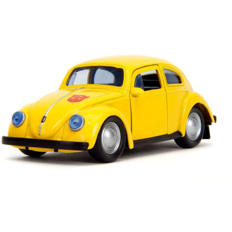 Gelbes Spielzeugauto wie ein VW Käfer, leicht geöffnete Türen und Autobot-Logo auf der Motorhaube.