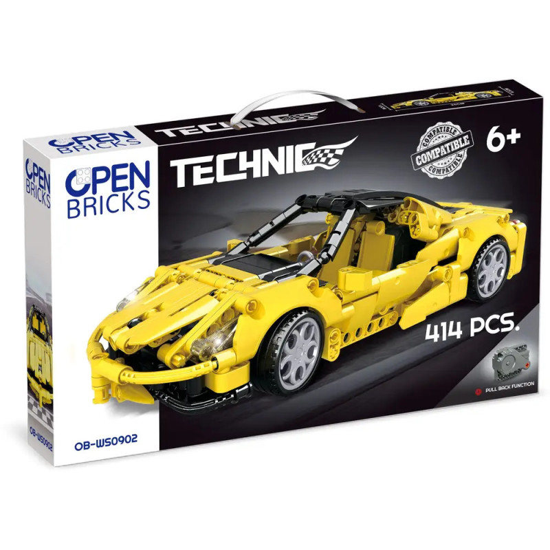 OPEN BRICKS Technic Gelber Sportwagen, 414 Teile, Bauset für Kinder ab 6 Jahren.