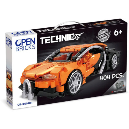 Bauset für oranges Spielauto mit 404 Teilen, ab 6 Jahren, von Open Bricks, Technic-Serie.