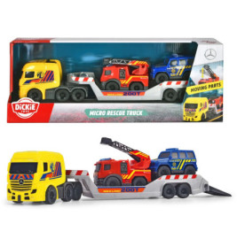 Spielset mit gelbem Transport-Lkw, der auf einem Anhänger ein rotes Feuerwehrauto und einen blauen Polizei-SUV transportiert.