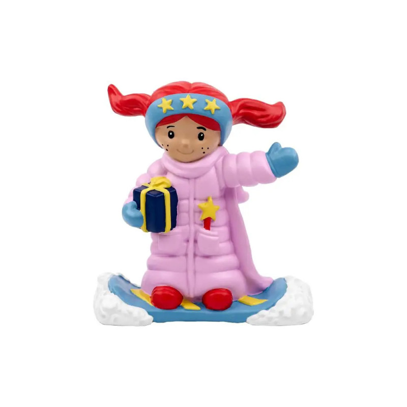 Spielzeugmädchen mit rosa Mantel, roten Zöpfen, Geschenk, auf Schnee mit blauem Schal und gelben Sternen.